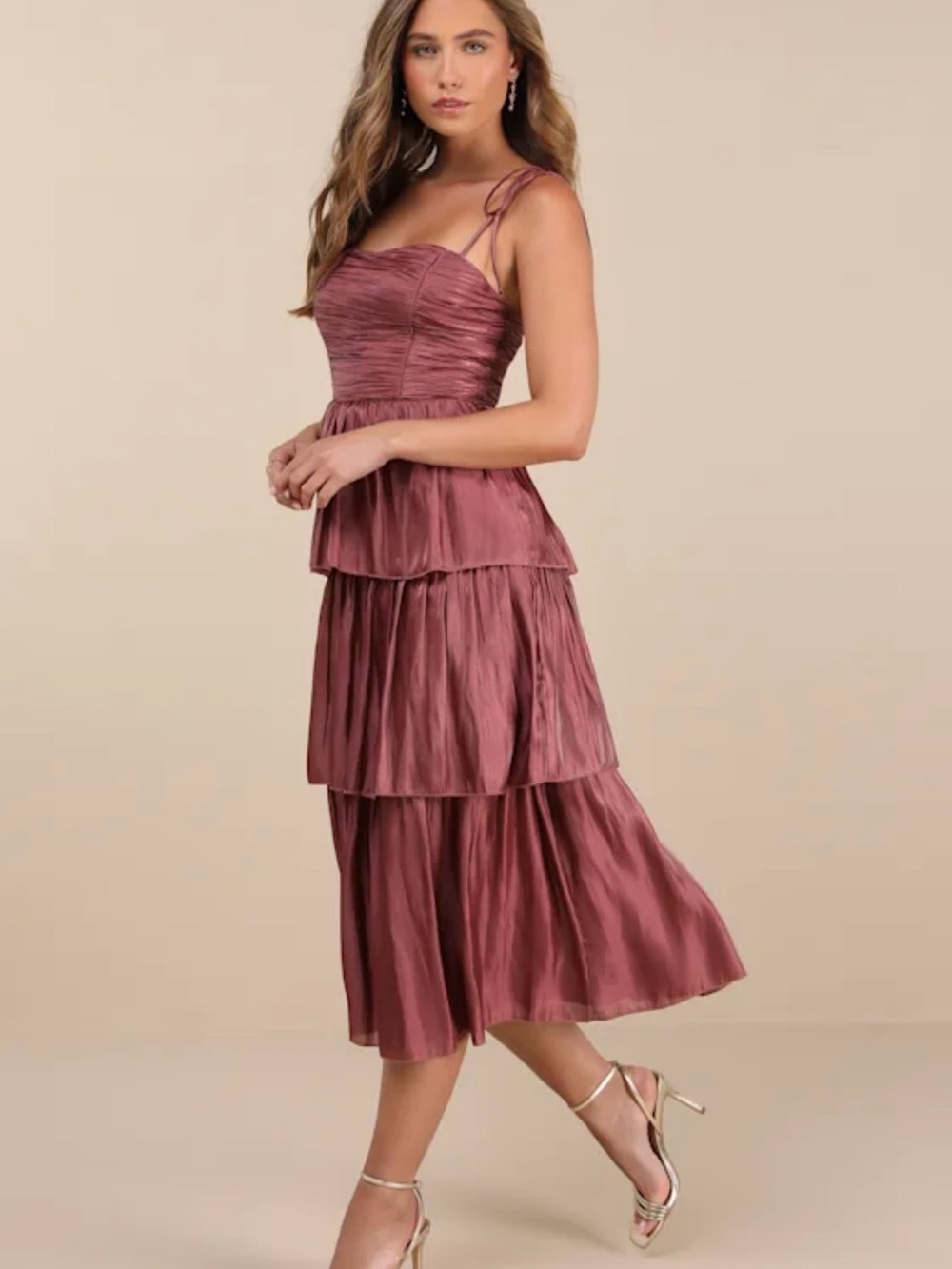 Lulus Tennon Dusty Rose Plisse Tiered Midi Dress